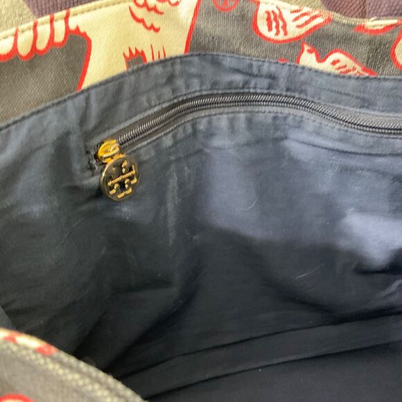 Tory Burch Purse Tote shopper Bag Birds Logo, Canvas & Patten Leather blk/navy - Picture 5 of 10